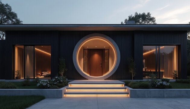 Modern house exterior with circular entryway illuminated at dusk. Dark facade, large windows show cozy interiors. Illuminated stpic lead to the unique front door creating inviting ambiance.