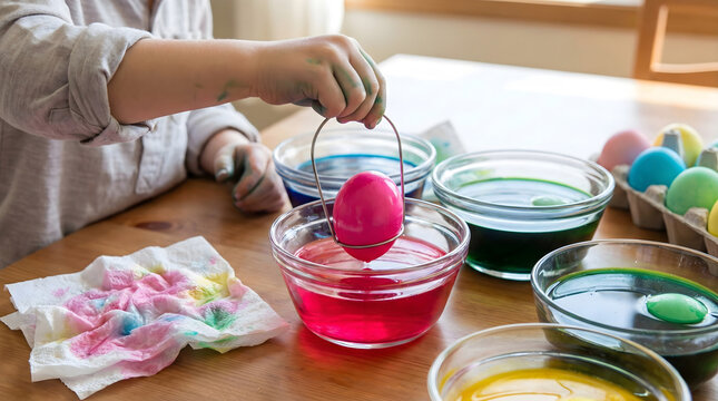 Close-up of a child's messy hand using a wire dipper to color a bright pink Easter egg in a glass bowl of dye.