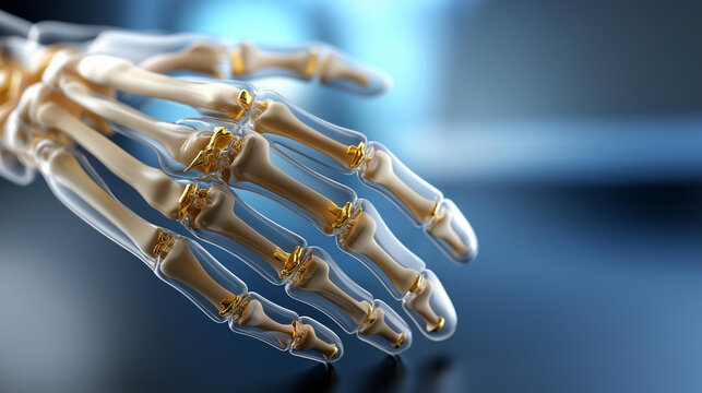 Anatomical illustration of a human hand skeleton detailing metacarpal and phalangeal bone structure, rendered in minimalist clean line art style for educational and medical