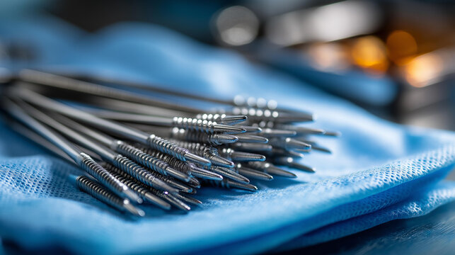 Close-up flat-lay of orthopedic surgical screws and bone plates arranged on a sterile blue cloth, preparing for bone fracture repair surgery, medical equipment concept, with copy