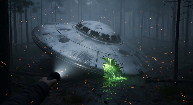 crashed ufo leaking green liquid in dark forest illuminated by flashlight depicting eerie alien discovery and mystery.