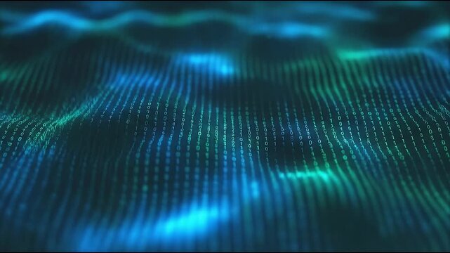 Abstract flowing digital landscape made of binary code waves representing data streams and information flow.