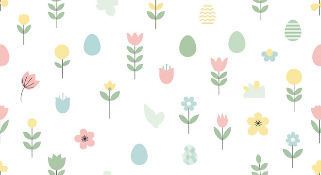 Easter Seamless Pattern with Eggs and Spring Elements Flat Vector Background
