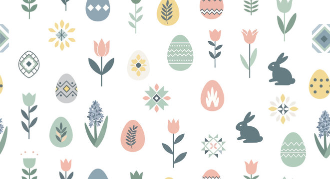 Easter Seamless Pattern with Eggs and Spring Elements Flat Vector Background