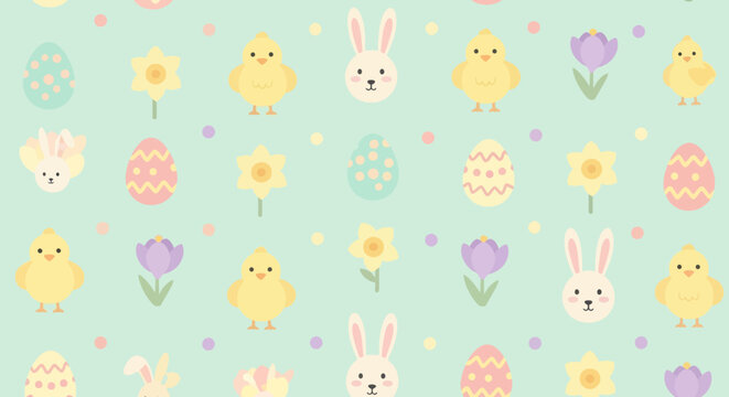 Easter Seamless Pattern with Eggs and Spring Elements Flat Vector Background