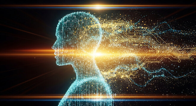ai brain of binary code with glowing data streams and circuits representing machine learning and digital future