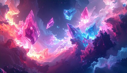 Fototapeta premium Vibrant cosmic crystal formations with glowing energy in mystical fantasy landscape