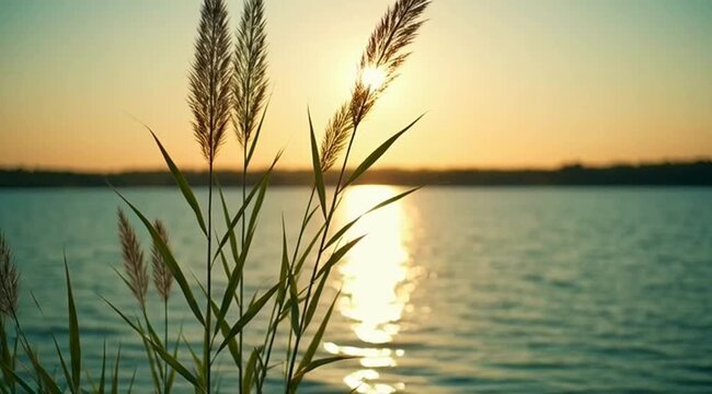 Golden sunset over serene lake landscape with silhouette of tall wild reeds swaying gently in breeze peaceful nature scenery