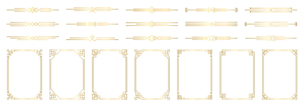Gold photo frame and text dividers set. Deco , glowing geometric boarder and vintage separators for wedding invitations. Decorative elements with golden line ornament.