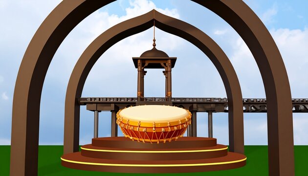3D golden bedug drum under arched wooden frame with scenic pier view