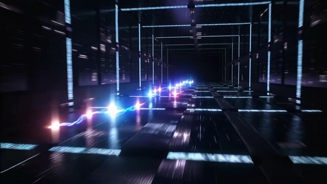 A dynamic, fast-paced scene depicting a journey through a neon-lit tunnel. Ideal for illustrating concepts like innovation, speed, or the future of te