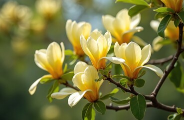 Obraz premium Spring blooming yellow magnolia tree close-up. Delicate petals open on branches against soft green background. Nature scene shows vibrant flowers on sunny day in garden.