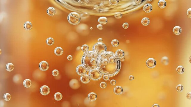Macro shot of effervescent carbon dioxide bubbles rising in a glass of beer, champagne, or soda, creating a refreshing and dynamic display against a golden amber background