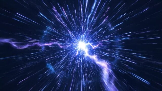 Electric blue lightning bolt in dark background with radiant beams and streaks for science fiction