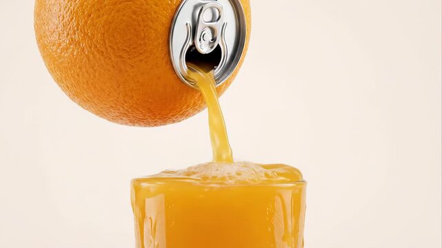 Freshly squeezed orange juice pouring directly from a fruit with a can tab into a transparent glass, creating a refreshing splash against a clean, isolated beige background