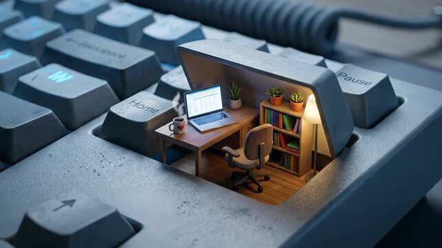 Surreal miniature office space with a desk, laptop, and chair, uniquely situated inside a computer keyboard, representing a cozy work from home concept and modern digital workplace