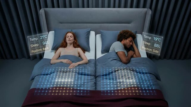 Overhead view of diverse couple sleeping peacefully in a high tech smart bed with animated graphics showing sleep quality, body position and individualized temperature and biometric data