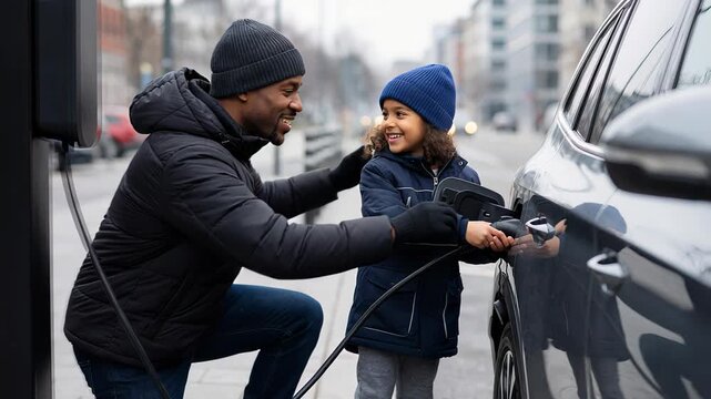 Caring african american father teaching his smiling son how to plug in the charging cable to their modern electric car, promoting environmental awareness and sustainable transportation
