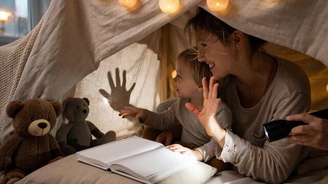 Loving mother and her cute toddler son reading a book and playing with shadow puppets using a flashlight inside a cozy homemade blanket fort decorated with string lights at home