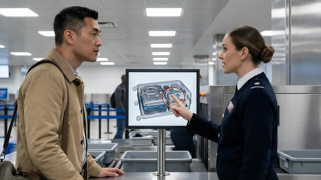 Female security agent at an airport checkpoint talking to a male passenger, showing him the x ray scan of his suitcase on a monitor and pointing at a suspicious item inside his baggage