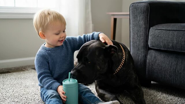 Adorable little boy with blond hair petting his loyal cane corso companion while sitting on the floor in the living room, showcasing a heartwarming bond between a child and a large dog