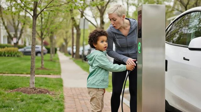 Cheerful young mother teaching her curious little son how to use a charging station, with the boy eagerly pressing a button to start the process of refueling their modern electric car