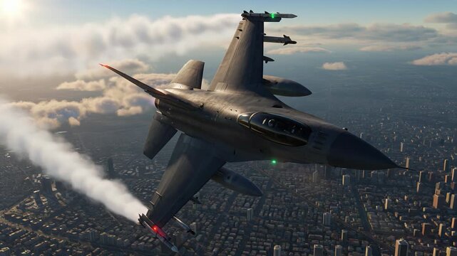 F 16 fighting falcon streaks over a city at sunset, firing a wing mounted missile during a tactical sortie, showcasing air superiority and precision strike capability
