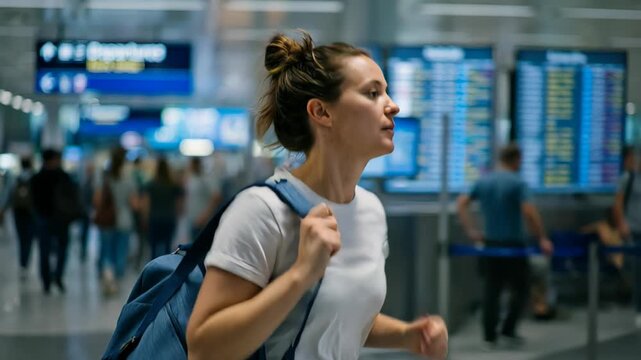 Stressed young woman looking at the flight information display screen in a busy airport, worried about her delayed or canceled flight while other passengers are walking in the background