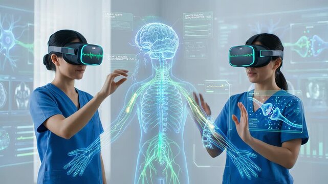 Two female medical professionals in a futuristic laboratory using vr headsets to interact with a holographic interface, analyzing the human nervous system, brain, and synaptic activity