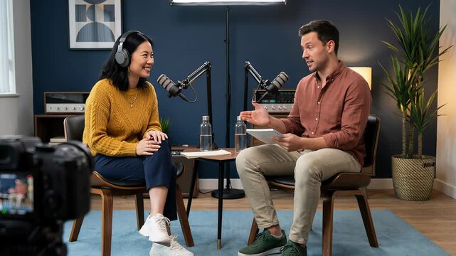 Two diverse radio hosts recording a live podcast and having a conversation for their social media channel, with a camera filming them during the interview for a video blog in a modern studio