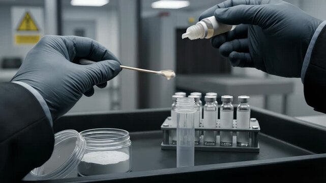 Security personnel wearing protective gloves conducting a chemical test on suspicious white powder, using a swab and liquid reagent to detect illicit substances at an airport security checkpoint