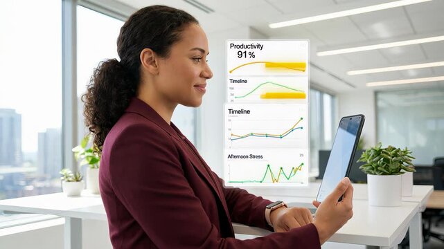 Professional woman sitting at her desk in a modern office, using a smartphone to analyze productivity charts and timeline graphs, monitoring company performance and afternoon stress levels
