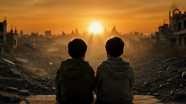 Two young boys, survivors of a conflict, sitting together amidst the rubble of a war torn city, finding a moment of peace and hope as they watch the beautiful sunset on the horizon