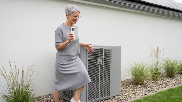Proud homeowner showcasing her modern and efficient air to water heat pump installed in the backyard, holding a remote control and explaining the benefits of renewable energy for her house