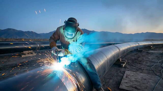 Skilled metalworker in protective gear sitting on a large steel pipe and performing welding work on a construction site, with bright sparks flying and mountains visible in the background