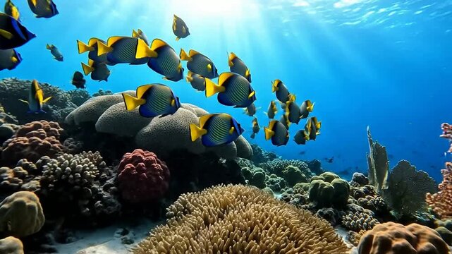 Vibrant school of tropical angelfish swimming gracefully over a colorful coral reef in crystal clear blue ocean water with sun