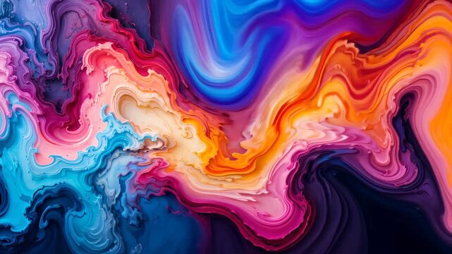 Abstract background with vibrant multi-colored swirls of thick textured paint creating a layered wave pattern in shades of blue, pink, orange, yellow, and purple.