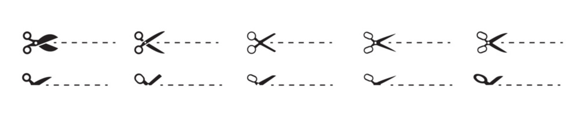 Scissors cut line icon set. Open scissor with dashed cutting paths, line cutting signs © stockbyazan