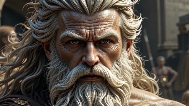 Powerful mythological god or ancient warrior with long flowing hair, gray beard, and muscular physique depicted in a historical setting.