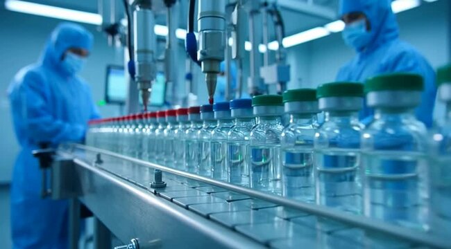 Automated pharmaceutical manufacturing line filling glass vials with liquid vaccine medicine in a sterile cleanroom environment