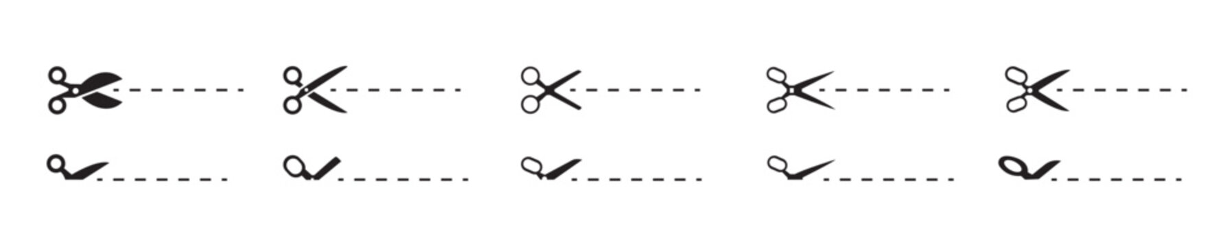 Scissors cut line icon set. Open scissor with dashed cutting paths, line cutting signs