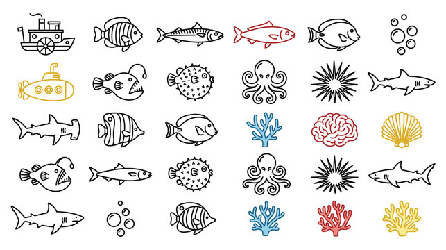 Sea life outline vector icons with fish sharks and marine animals