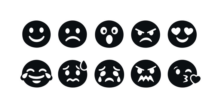 Collection of diverse emoji faces expressing various emotions and sentiments in a simple graphic style