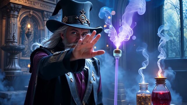 Wizard with long white beard and black top hat performing magical alchemy in dark gothic chamber with blue glowing energy and glass potion vials.