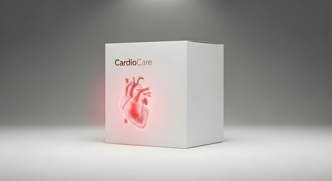 Clean White Cardio Health Packaging Box with Heart Icon in Professional Medical Branding Scene