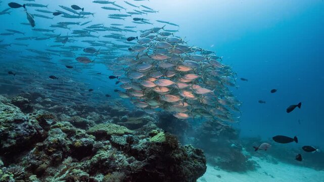 Large school of silver fish swims and shoals over a coral reef in the Palau Marine Sanctuary