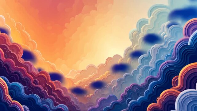 Colorful abstract paper cut style layered clouds background with shimmering stars and glowing sunset light.
