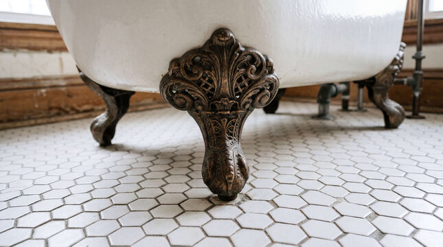 Close-up of ornate antique clawfoot bathtub feet on a white hexagonal tiled bathroom floor