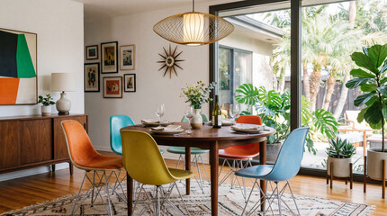Fototapeta premium Mid-century modern dining room interior with colorful Eames style chairs and wooden furniture
