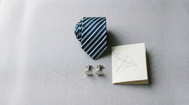 Elegant striped tie with cufflinks and card on textured surface